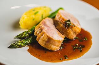 Chicken roulade, asparagus, mashed potatoes, marjoram glaze